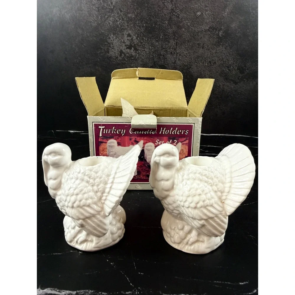 Vintage NIB 1995 Set of TWO Westwood Ceramic Turkey Candle Holders 3.5